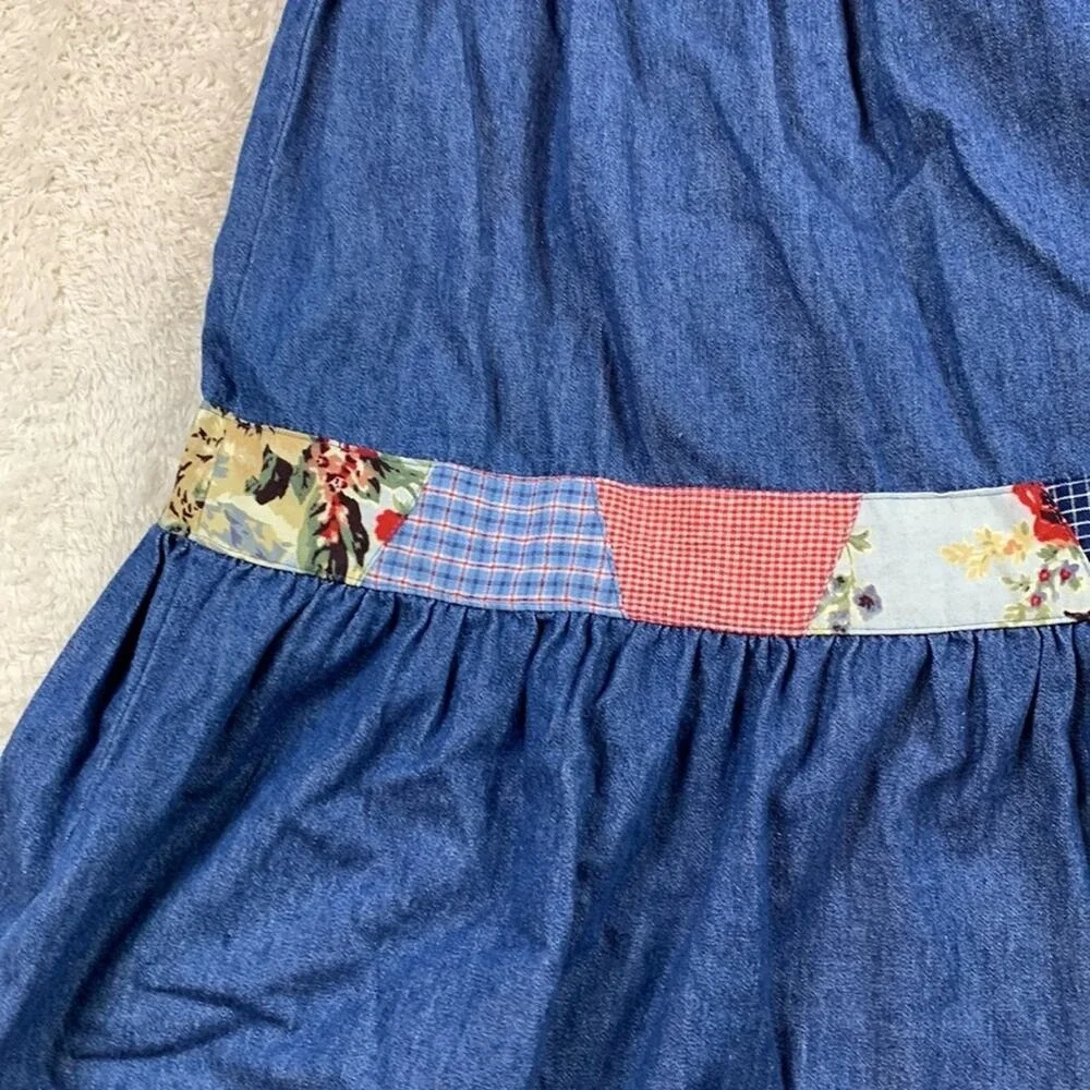 Vintage Koret Petites‎ tiered denim and calico maxi skirt med